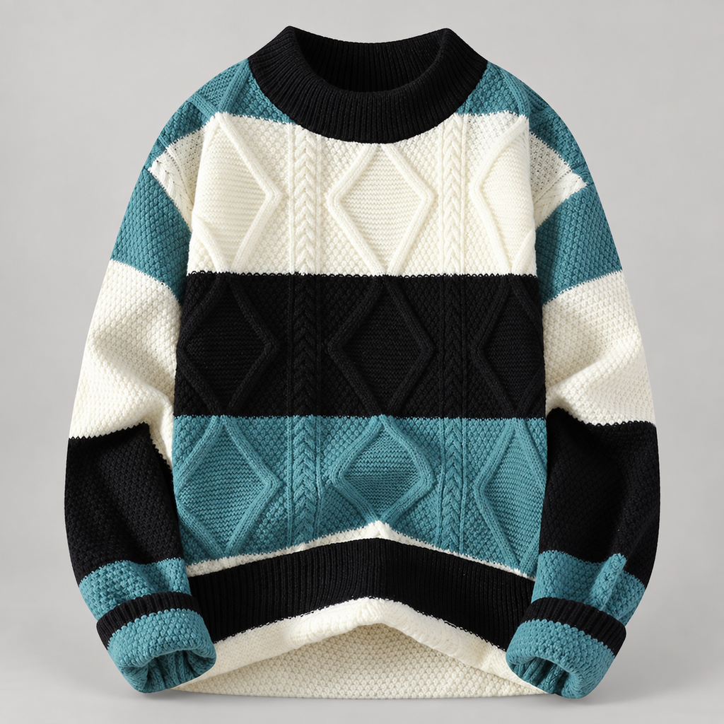 Rowan Men’s Color-Block Cable-Knit Crewneck Sweater
