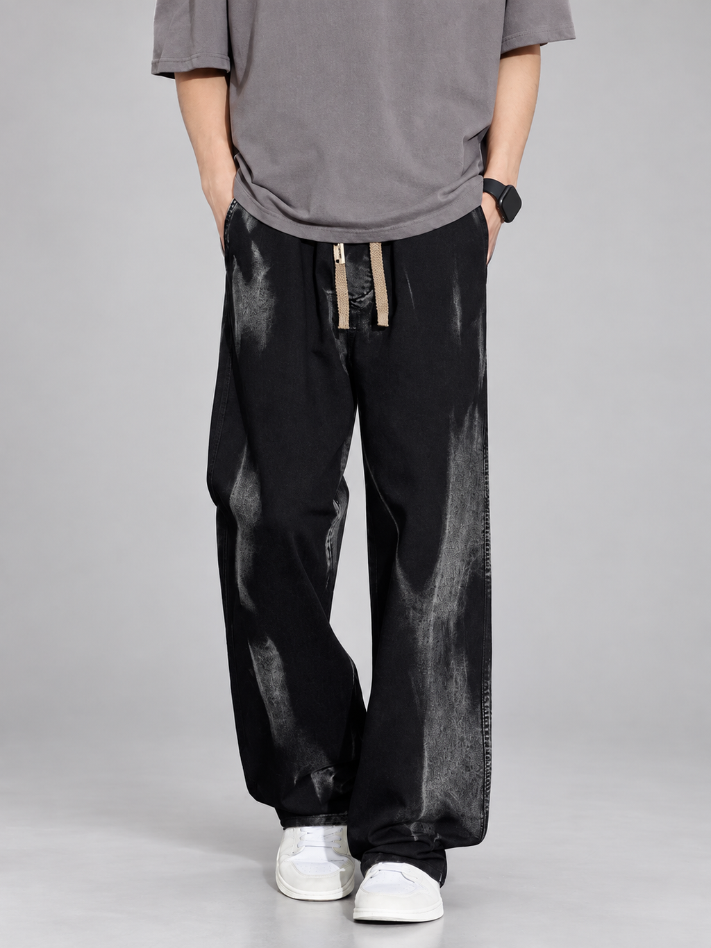 Santino Men’s Acid-Wash Wide-Leg Drawstring Jeans