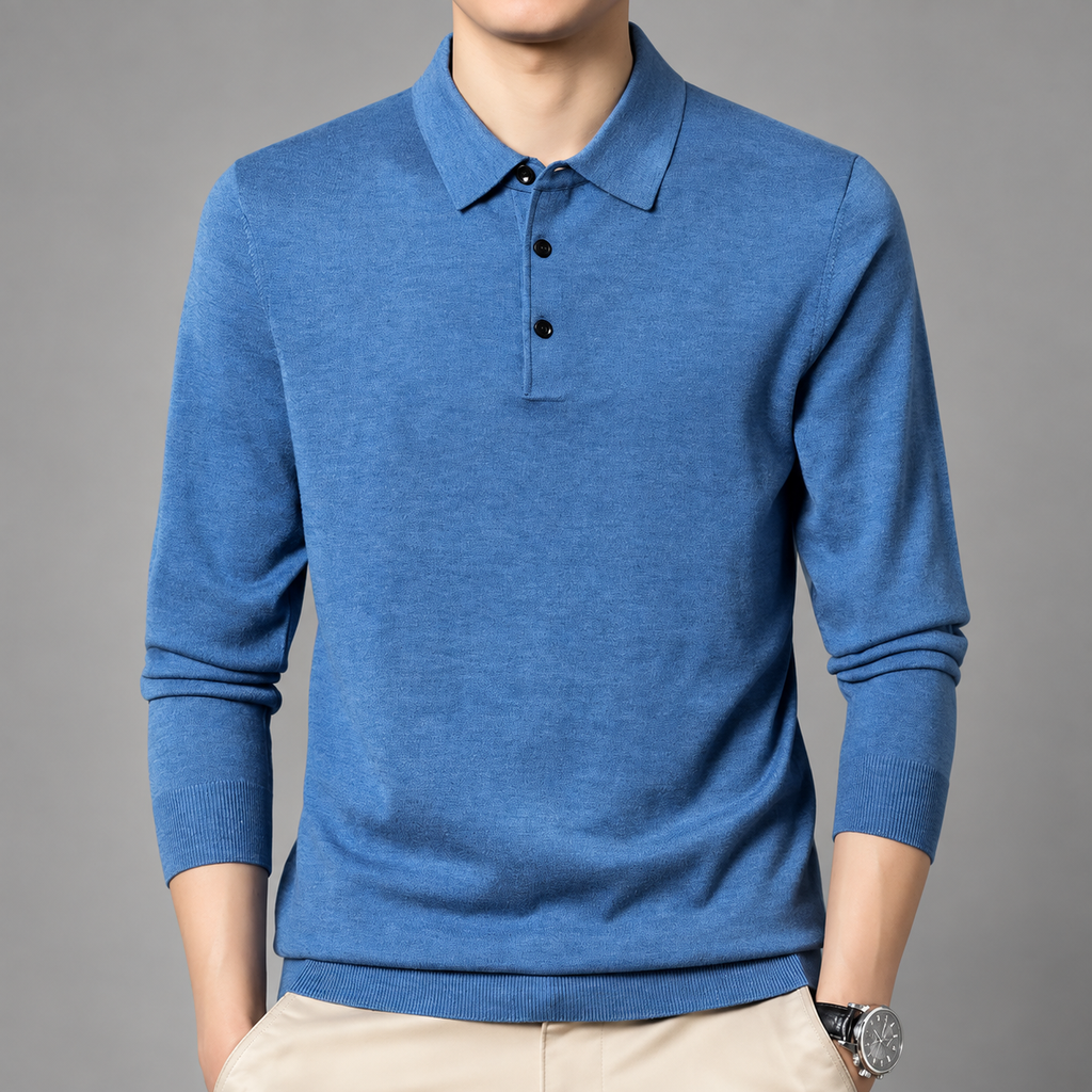 Stefano Men’s Long-Sleeve Knit Polo Shirt with Three-Button Collar