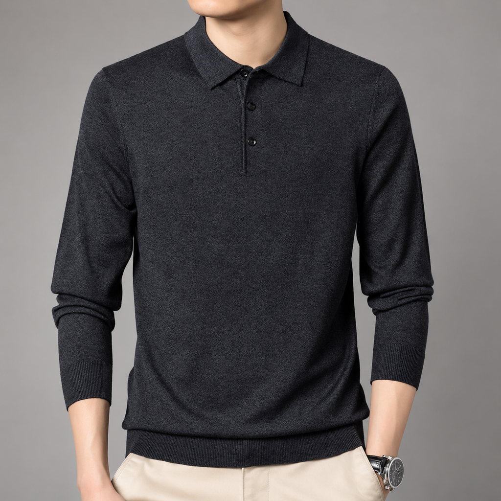 Stefano Men’s Long-Sleeve Knit Polo Shirt with Three-Button Collar