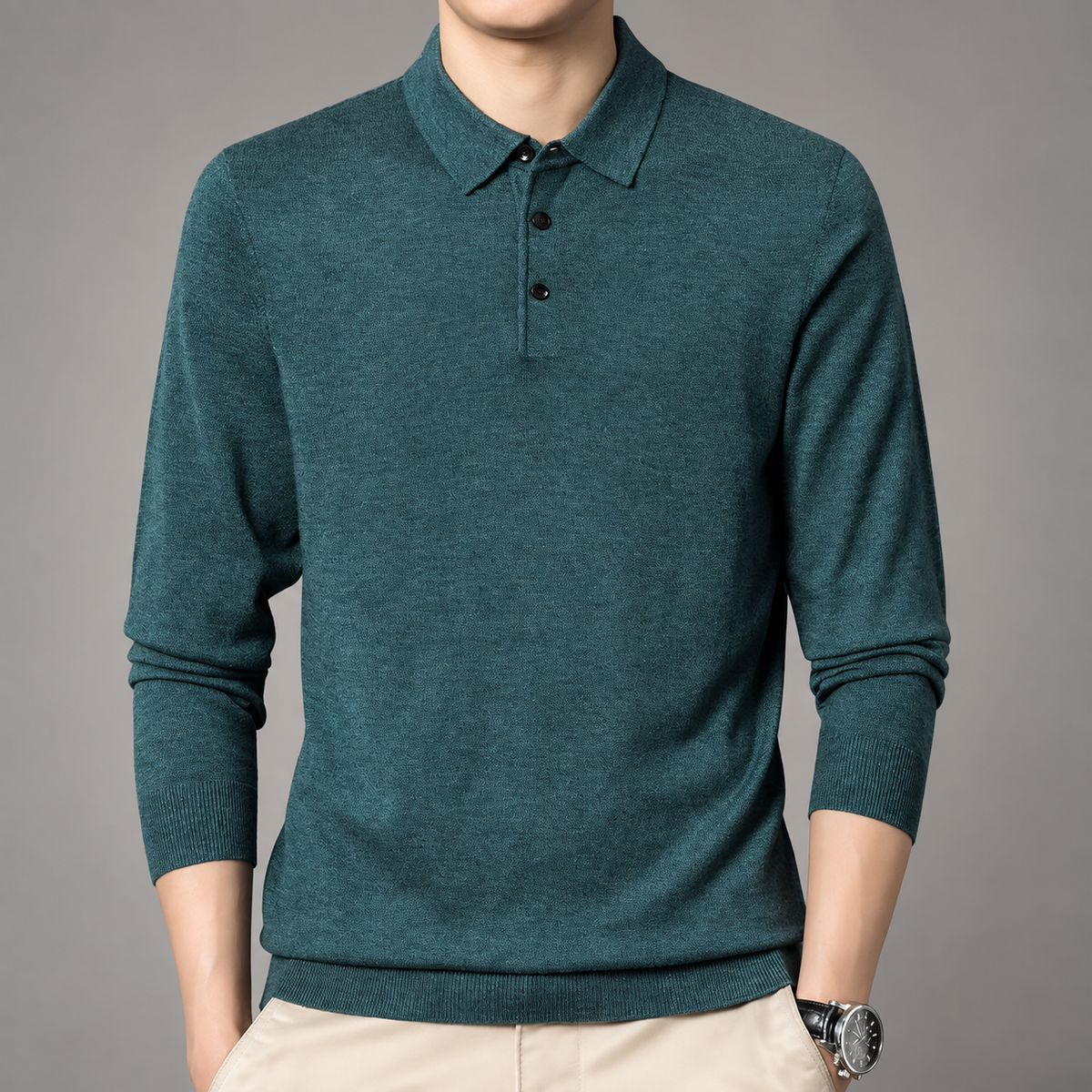 Stefano Men’s Long-Sleeve Knit Polo Shirt with Three-Button Collar