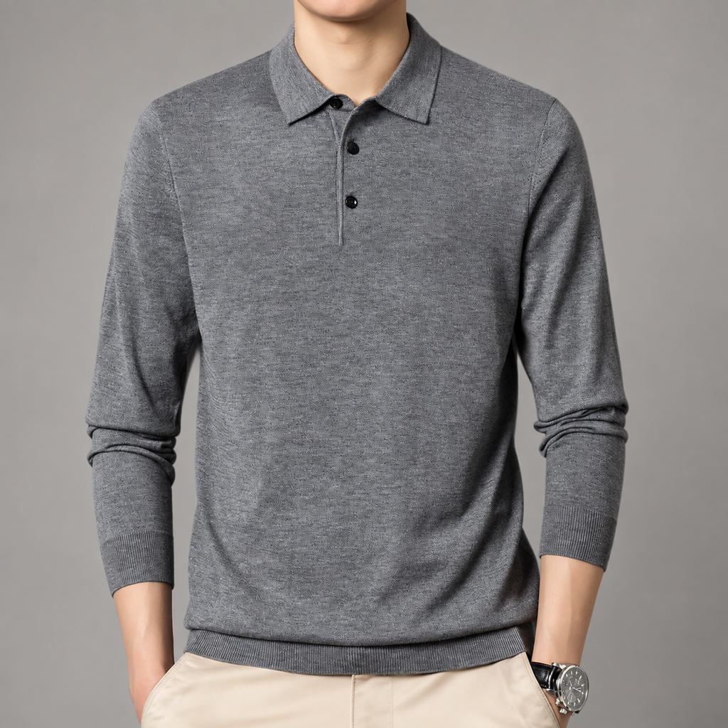 Stefano Men’s Long-Sleeve Knit Polo Shirt with Three-Button Collar