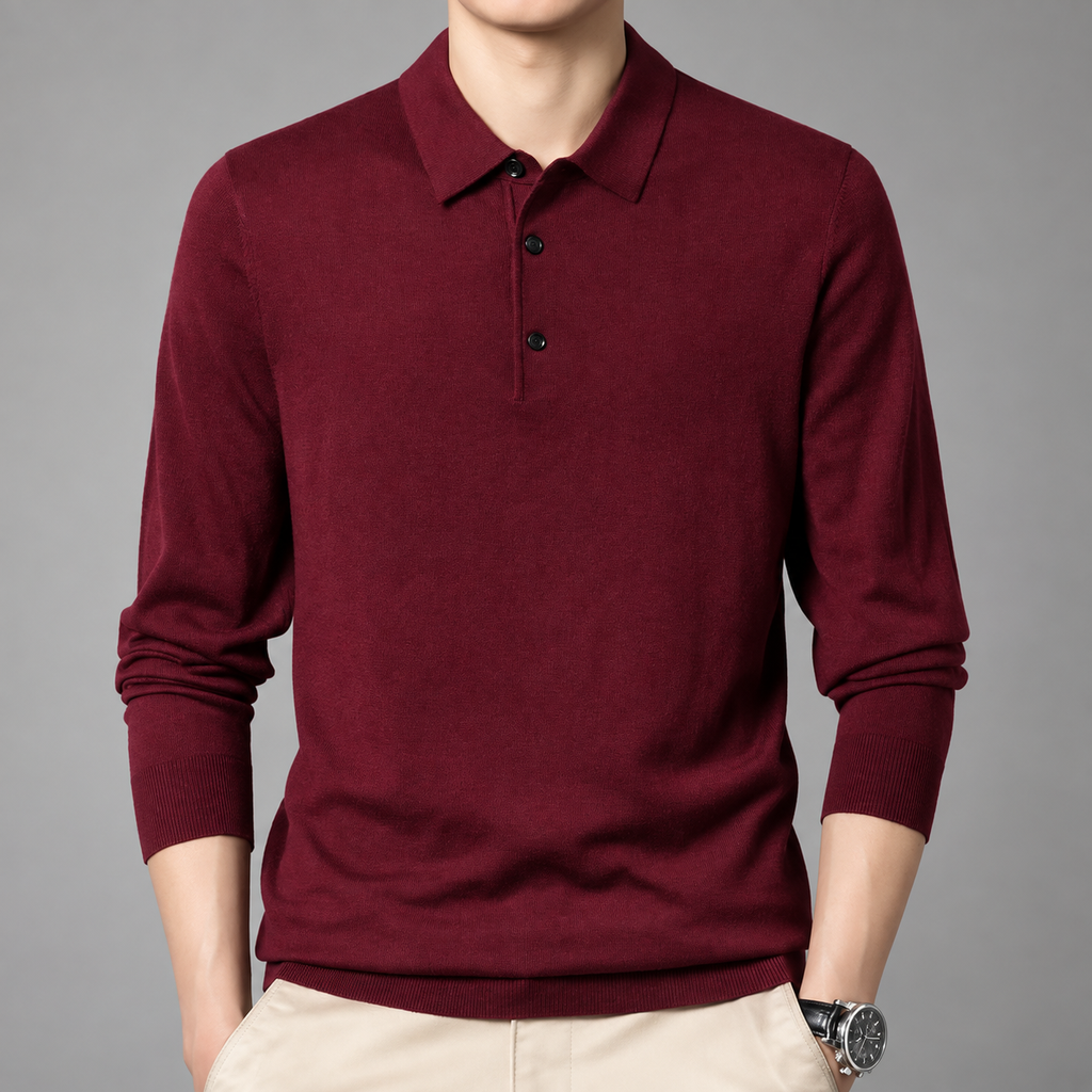 Stefano Men’s Long-Sleeve Knit Polo Shirt with Three-Button Collar