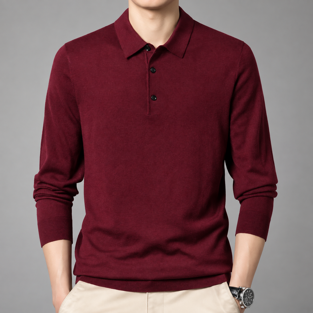 Stefano Men’s Long-Sleeve Knit Polo Shirt with Three-Button Collar