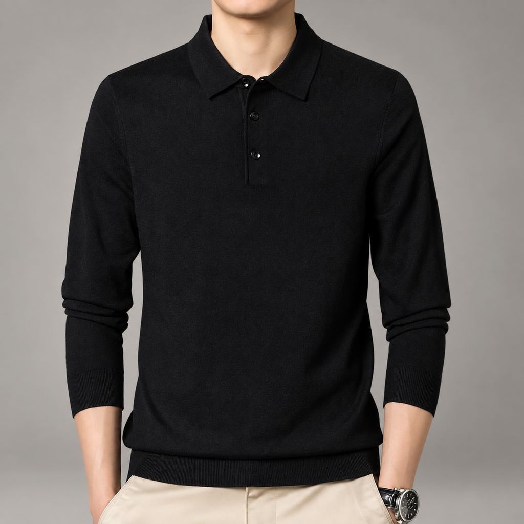 Stefano Men’s Long-Sleeve Knit Polo Shirt with Three-Button Collar