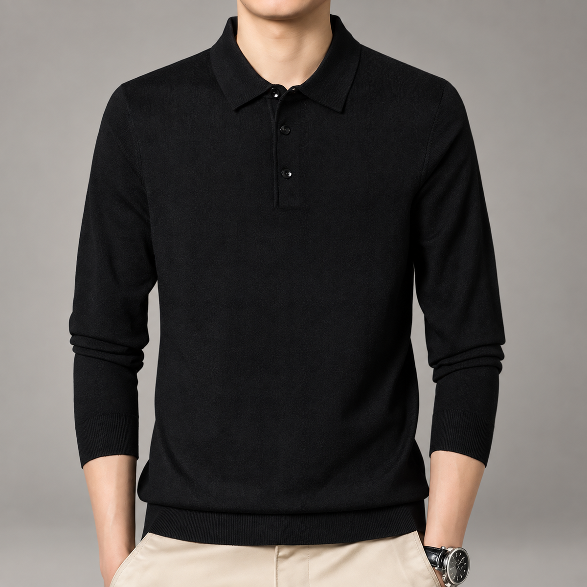 Stefano Men’s Long-Sleeve Knit Polo Shirt with Three-Button Collar