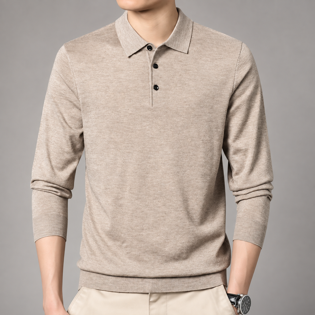 Stefano Men’s Long-Sleeve Knit Polo Shirt with Three-Button Collar