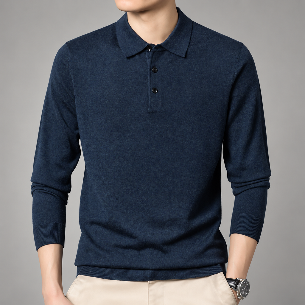 Stefano Men’s Long-Sleeve Knit Polo Shirt with Three-Button Collar