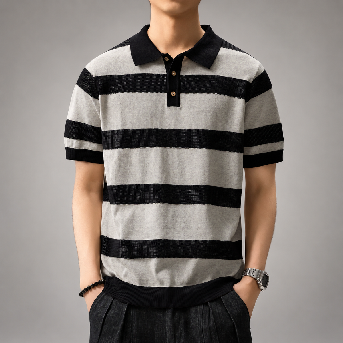 Riccardo Men’s Striped Knit Polo Shirt