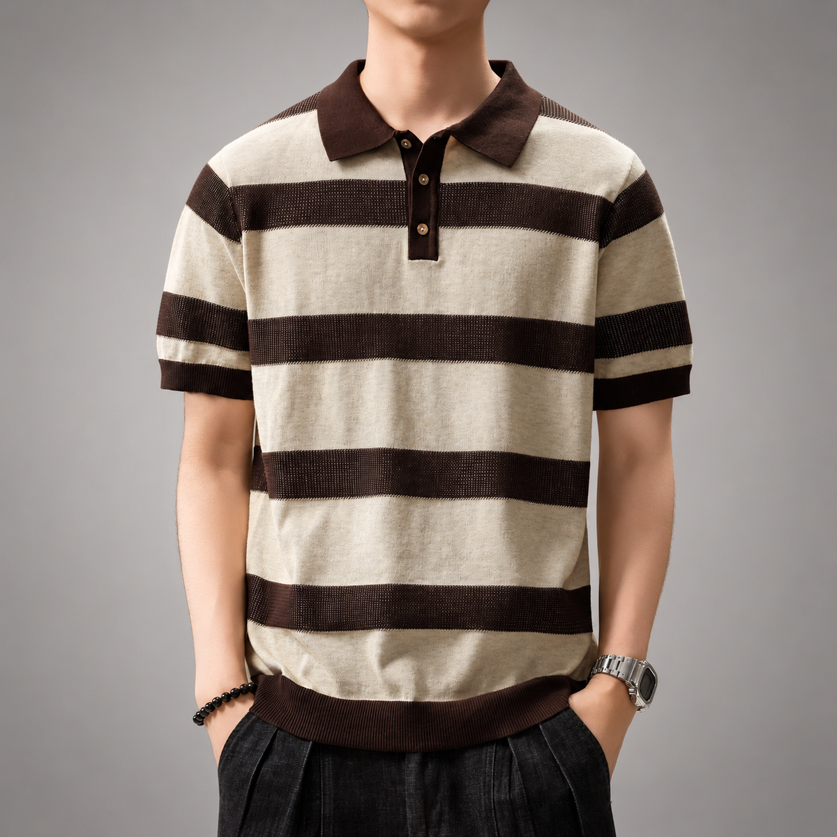 Riccardo Men’s Striped Knit Polo Shirt