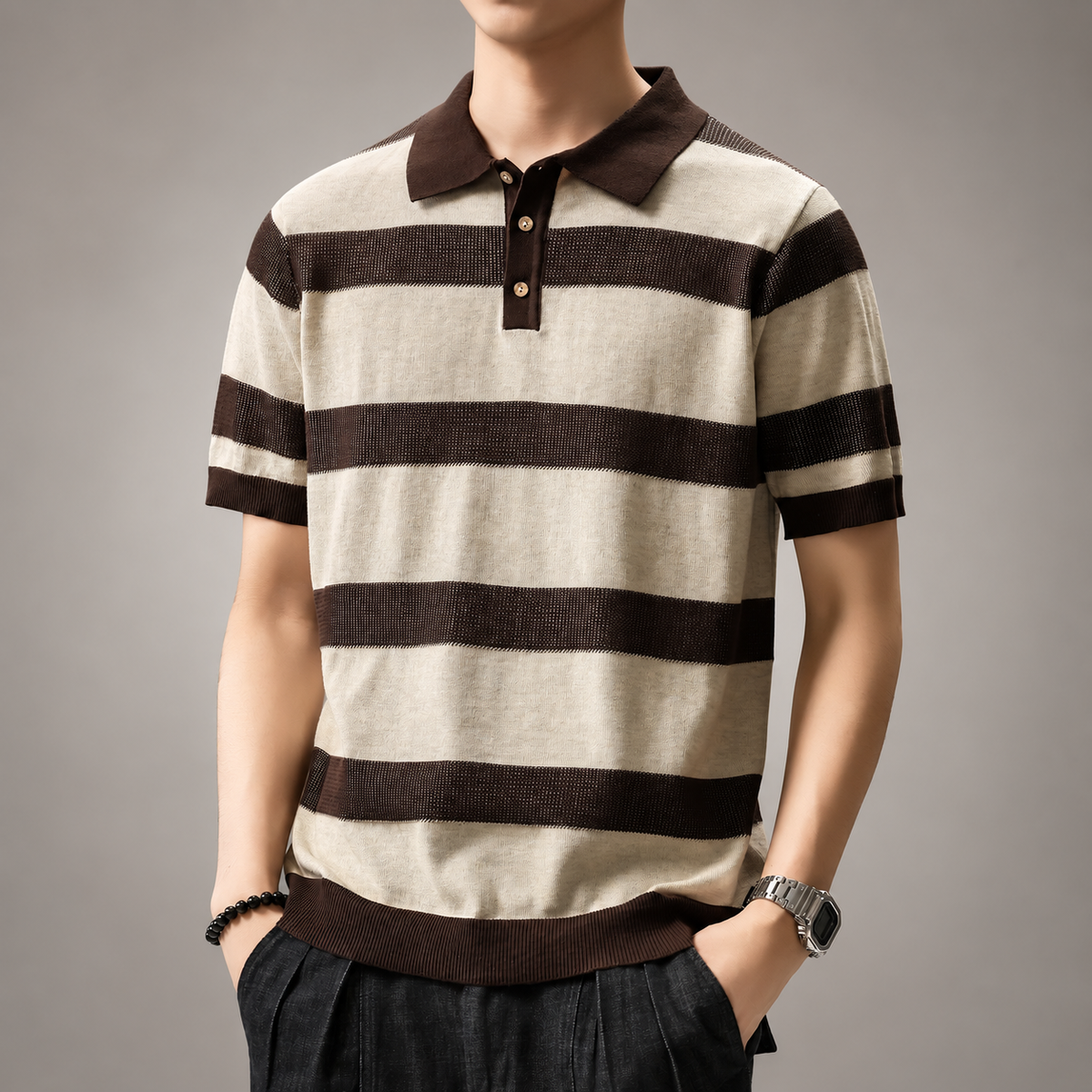 Riccardo Men’s Striped Knit Polo Shirt