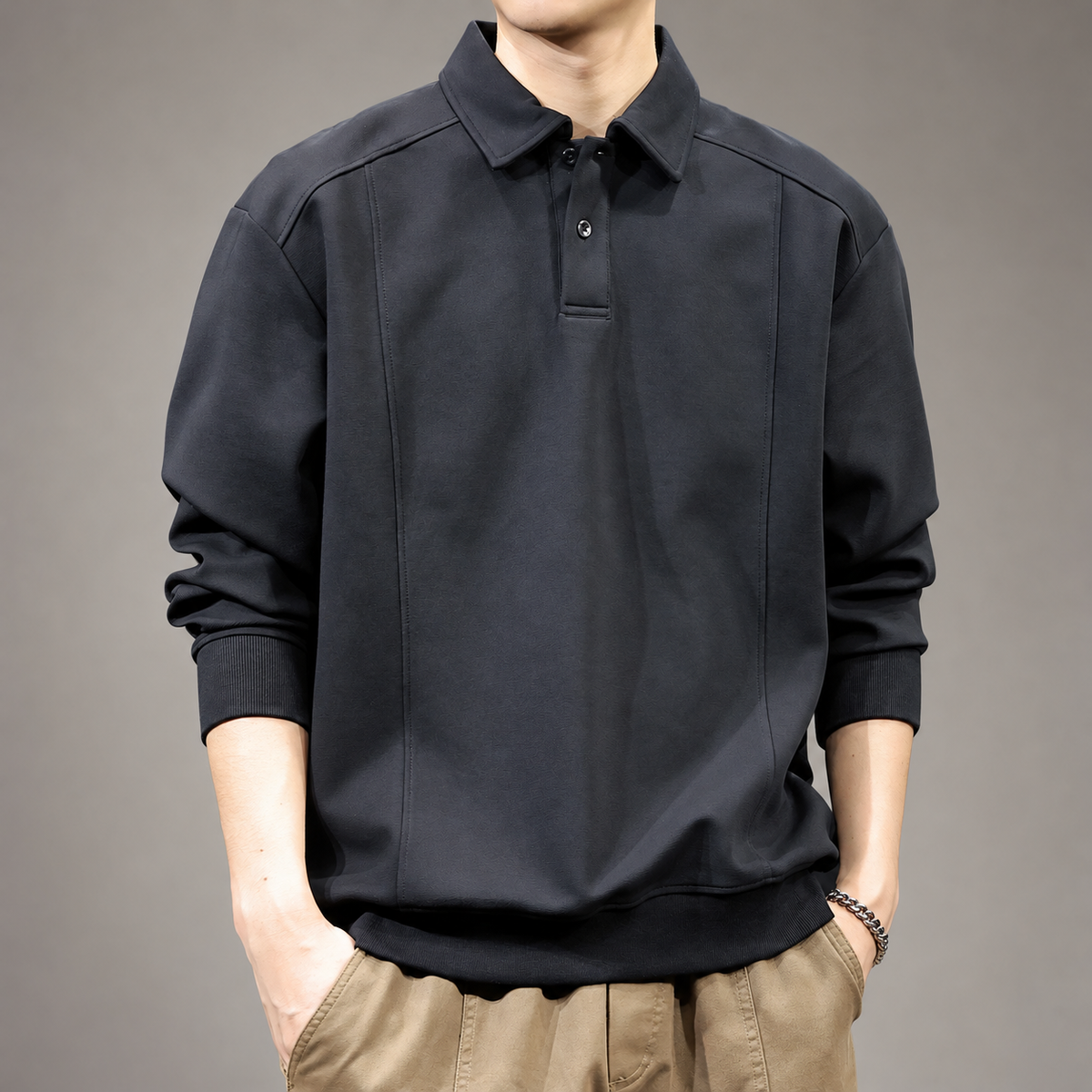 Adelard Men’s Relaxed Fit Collared Pullover with Ribbed Trim