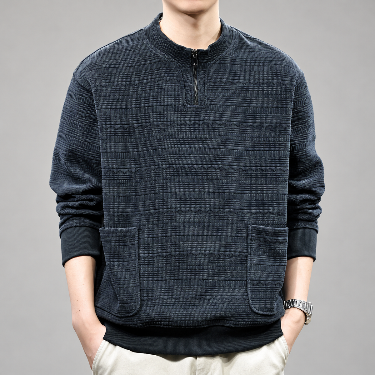 Marcello Men’s Patterned Knit Pullover with Stand Collar