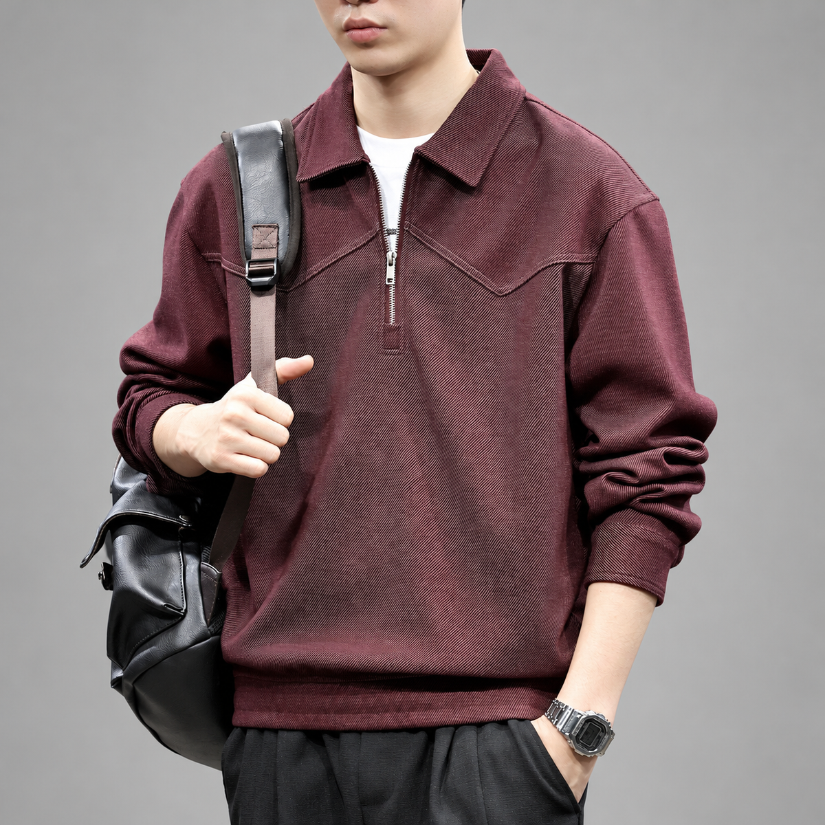 Adrian Men's Textured Half-Zip Pullover with Pointed Collar