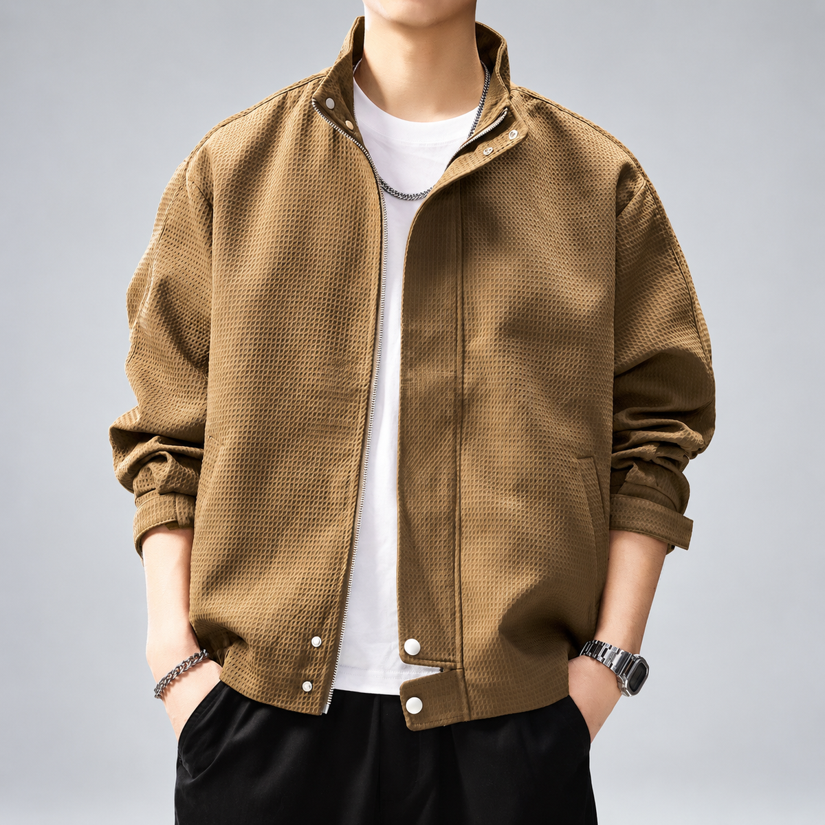 Orson Men's Waffle Textured Zip-Front Jacket with Stand Collar