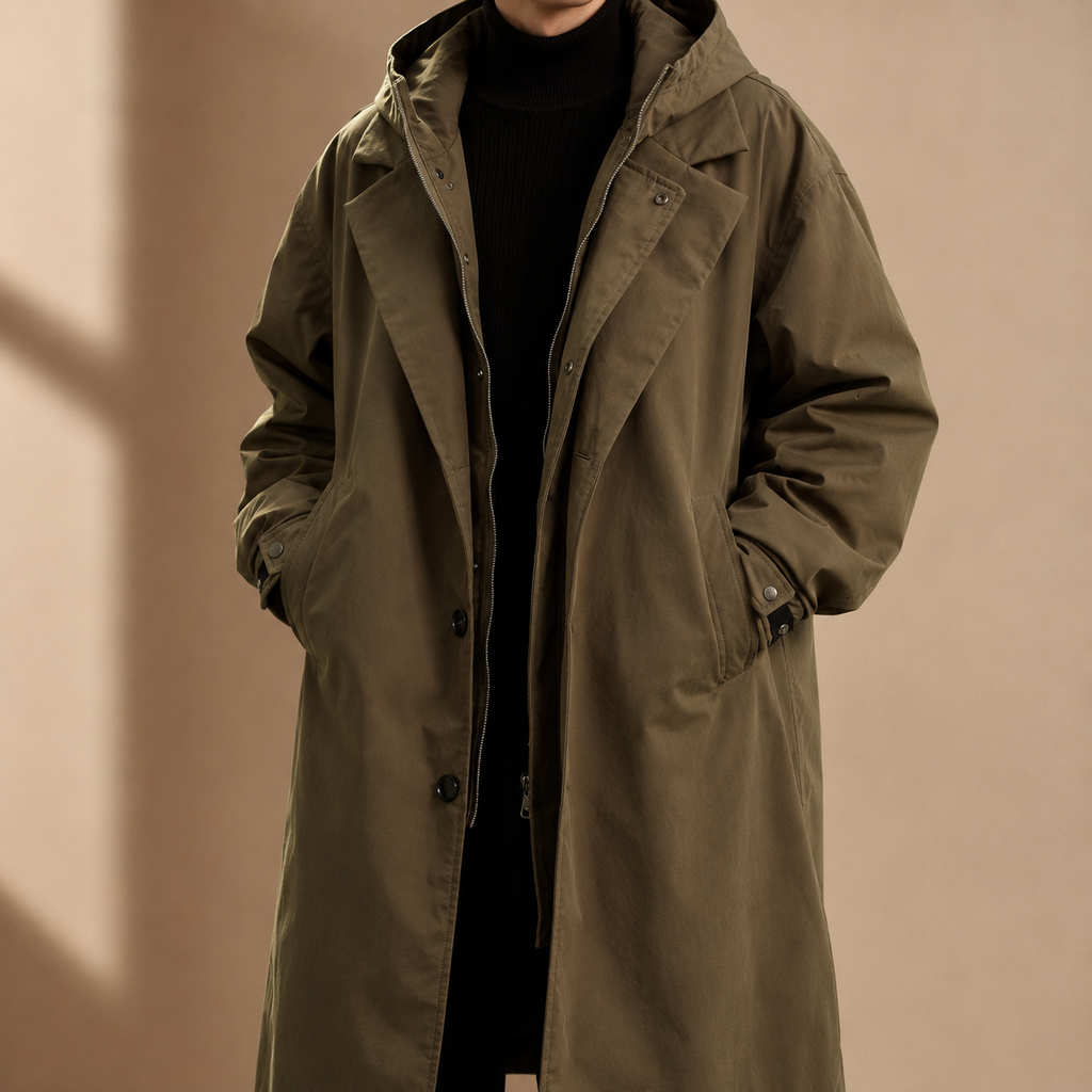 Thierry Men's Hooded Overcoat Jacket – Water Resistant Lightweight Long Windbreaker