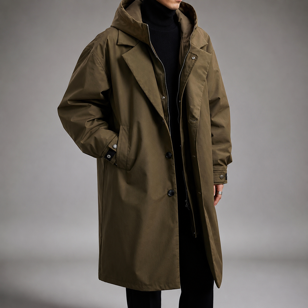 Thierry Men's Hooded Overcoat Jacket – Water Resistant Lightweight Long Windbreaker
