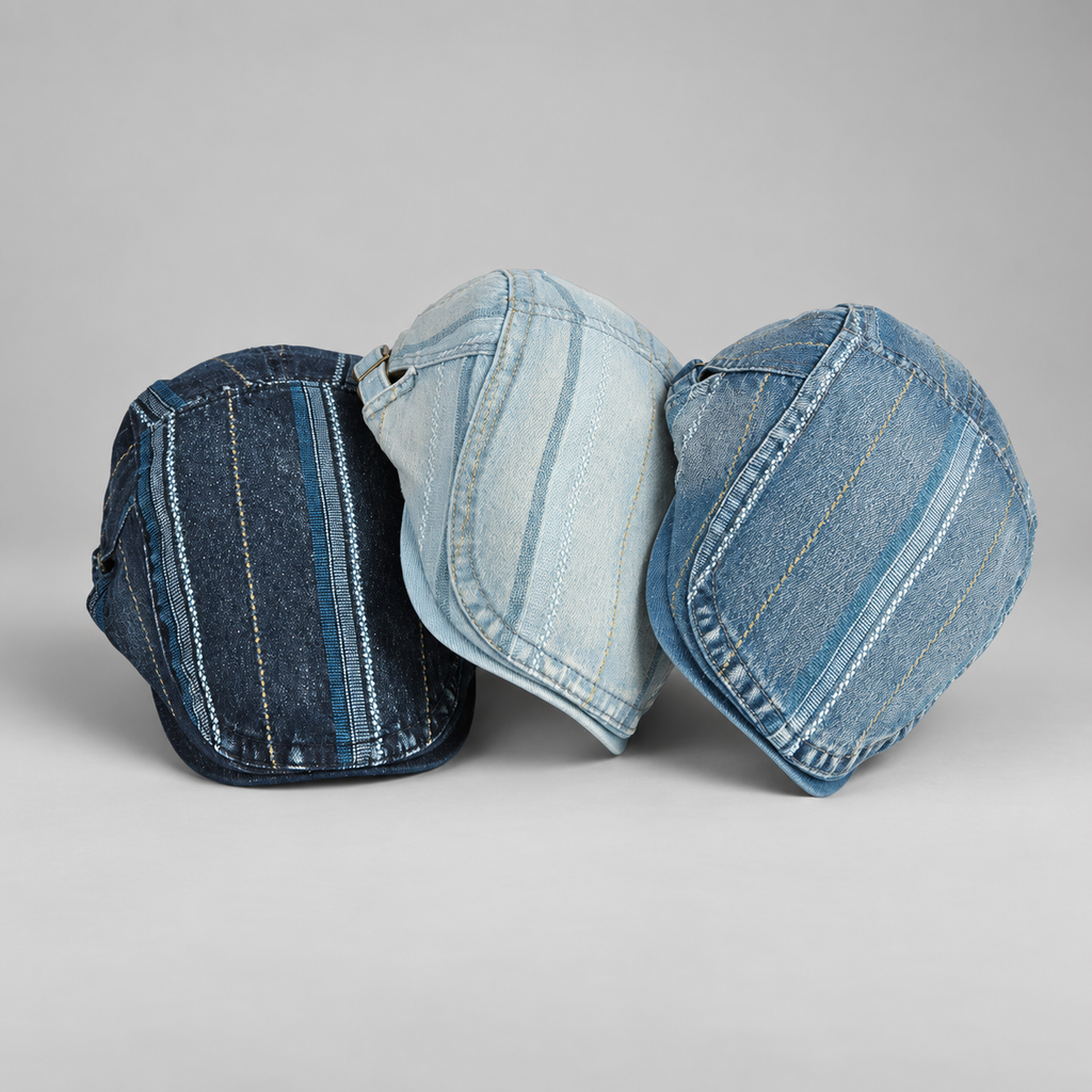 Tobias Washed Denim Stripe Flat Cap with Adjustable Buckle Strap