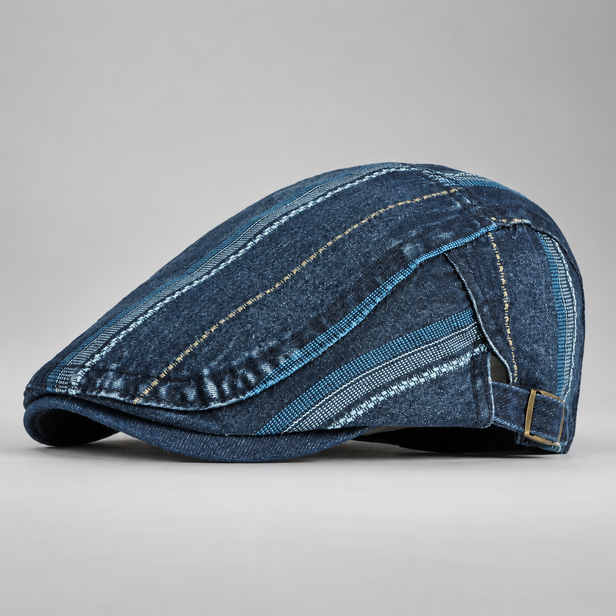 Tobias Washed Denim Stripe Flat Cap with Adjustable Buckle Strap