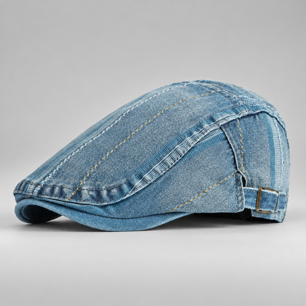 Tobias Washed Denim Stripe Flat Cap with Adjustable Buckle Strap