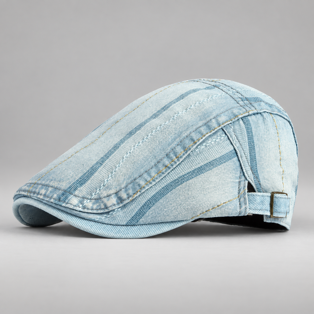 Tobias Washed Denim Stripe Flat Cap with Adjustable Buckle Strap