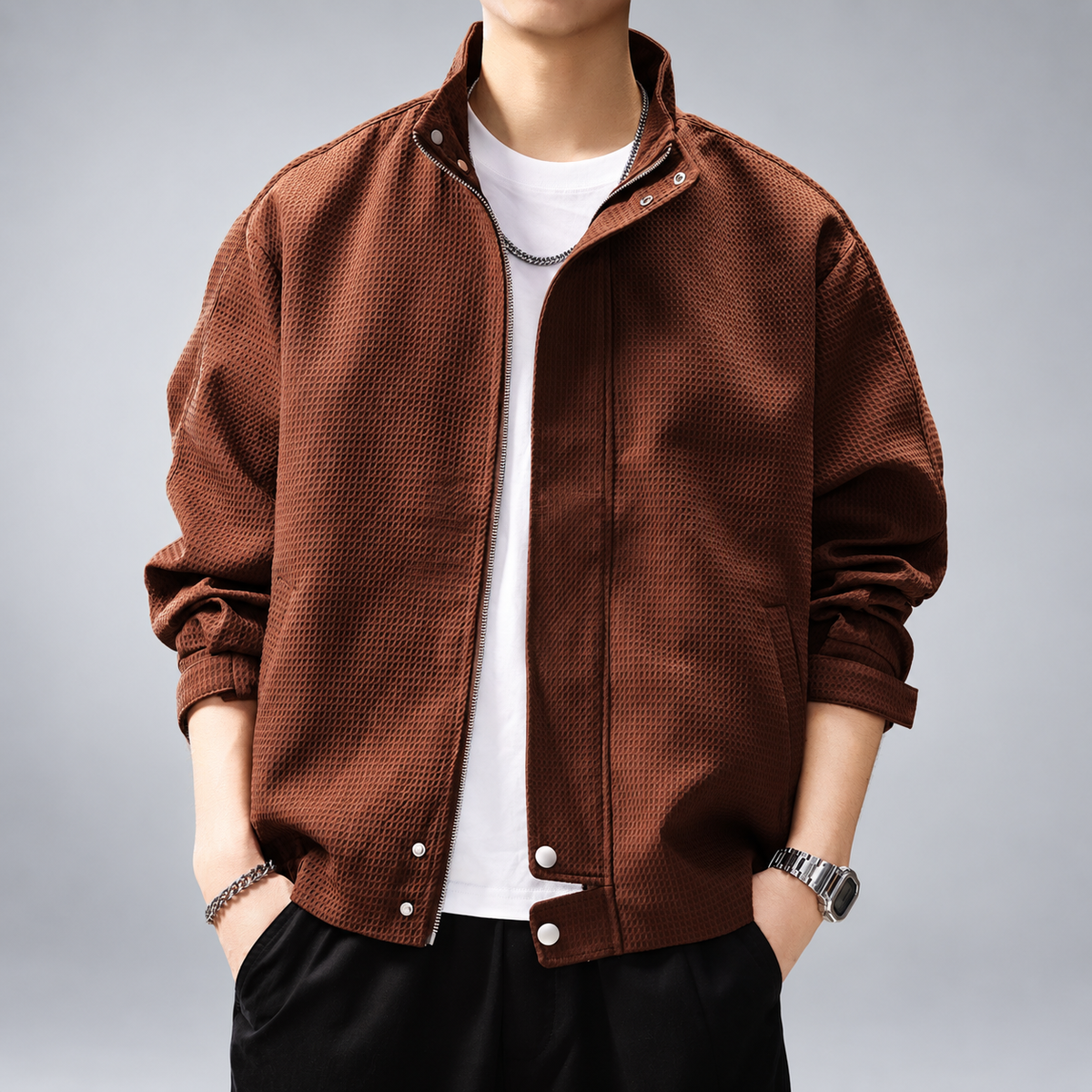 Orson Men's Waffle Textured Zip-Front Jacket with Stand Collar