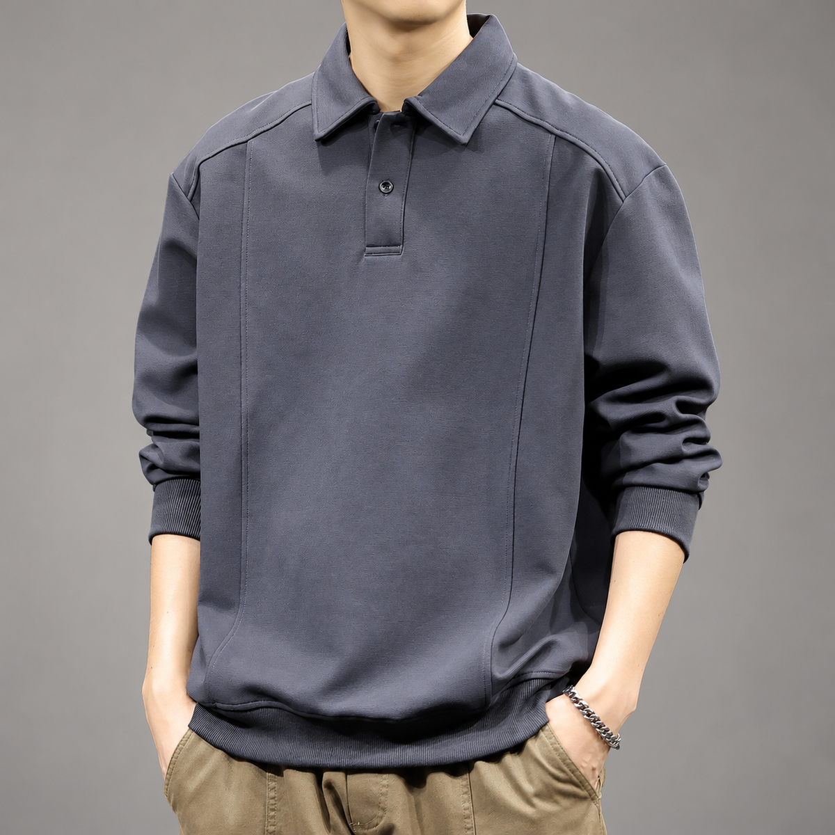 Adelard Men’s Relaxed Fit Collared Pullover with Ribbed Trim