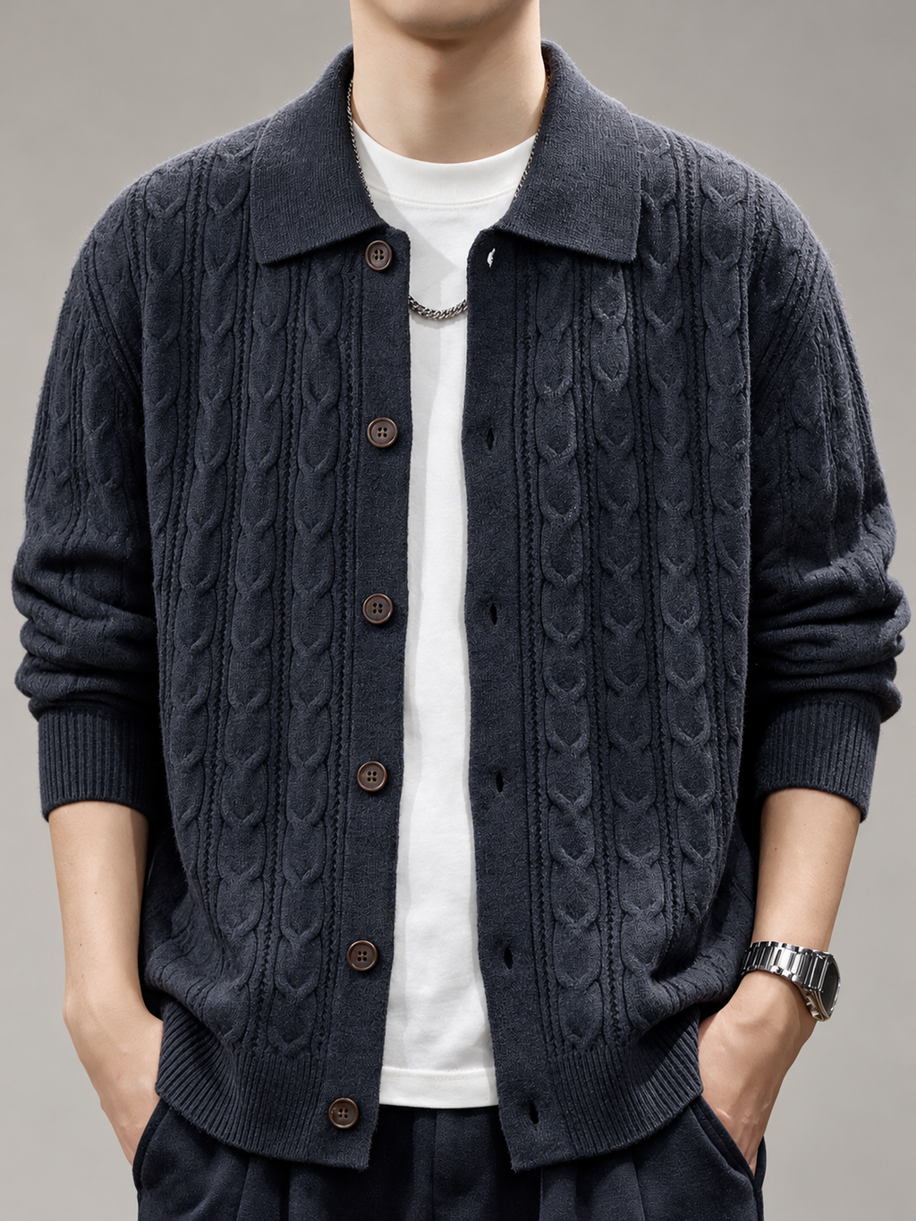 Toby Men's Collared Cable Knit Cardigan Sweater