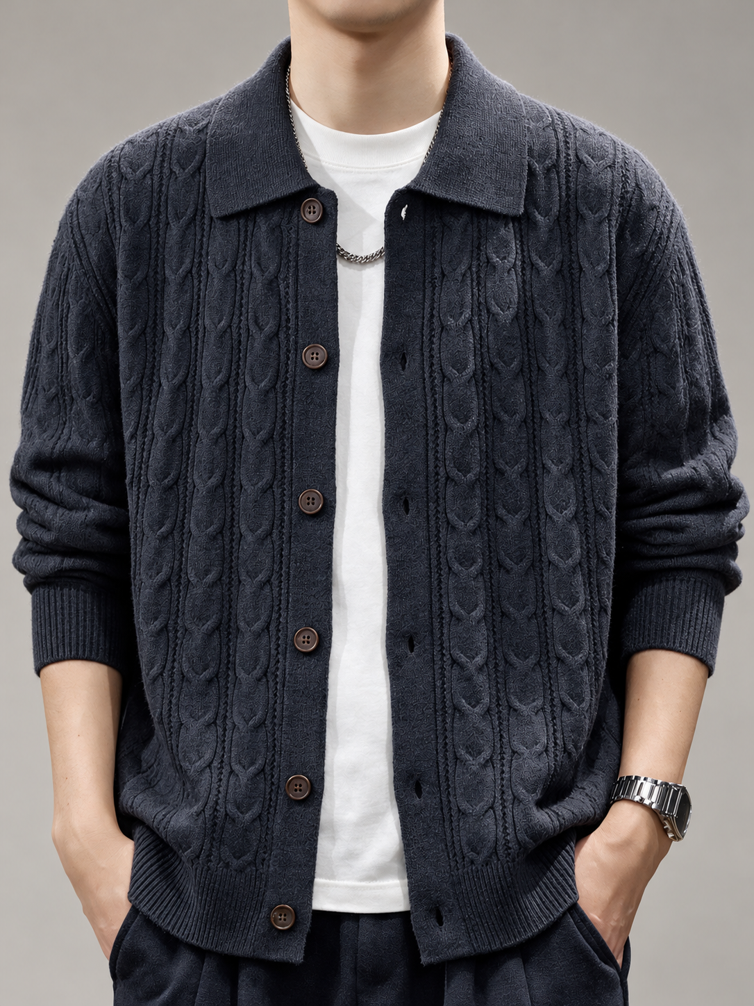 Toby Men's Collared Cable Knit Cardigan Sweater