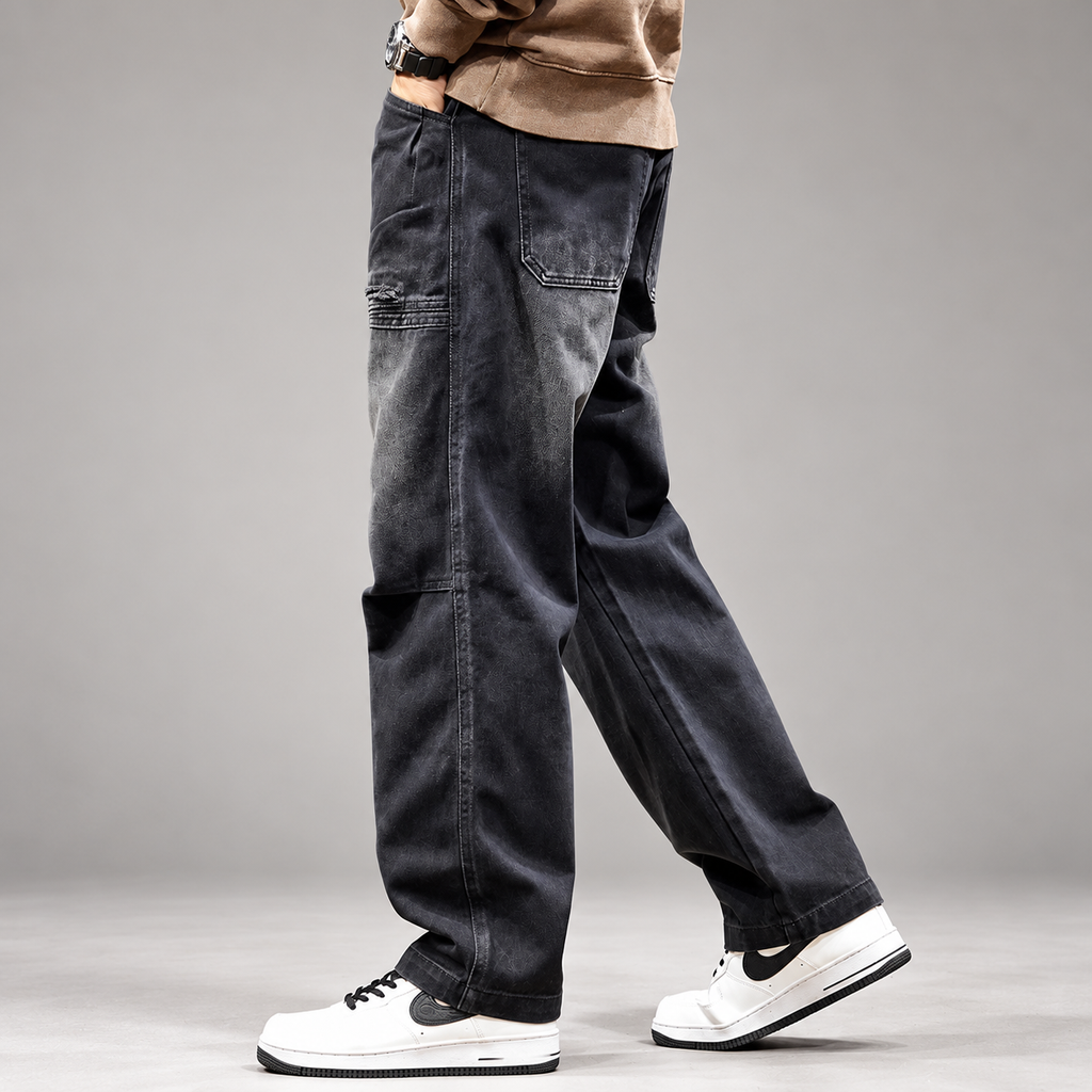 William Men's Washed Black Wide-Leg Drawstring Jeans