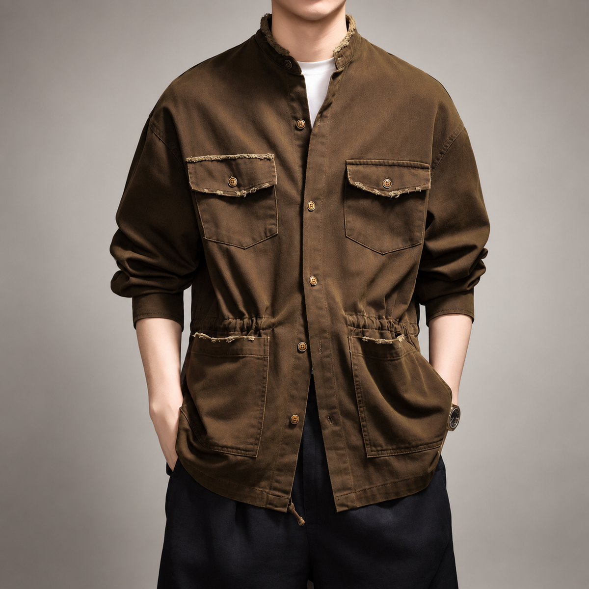 Ariston Men’s Washed Utility Jacket with Stand Collar