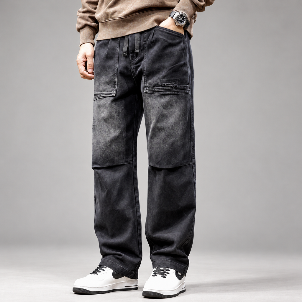 William Men's Washed Black Wide-Leg Drawstring Jeans