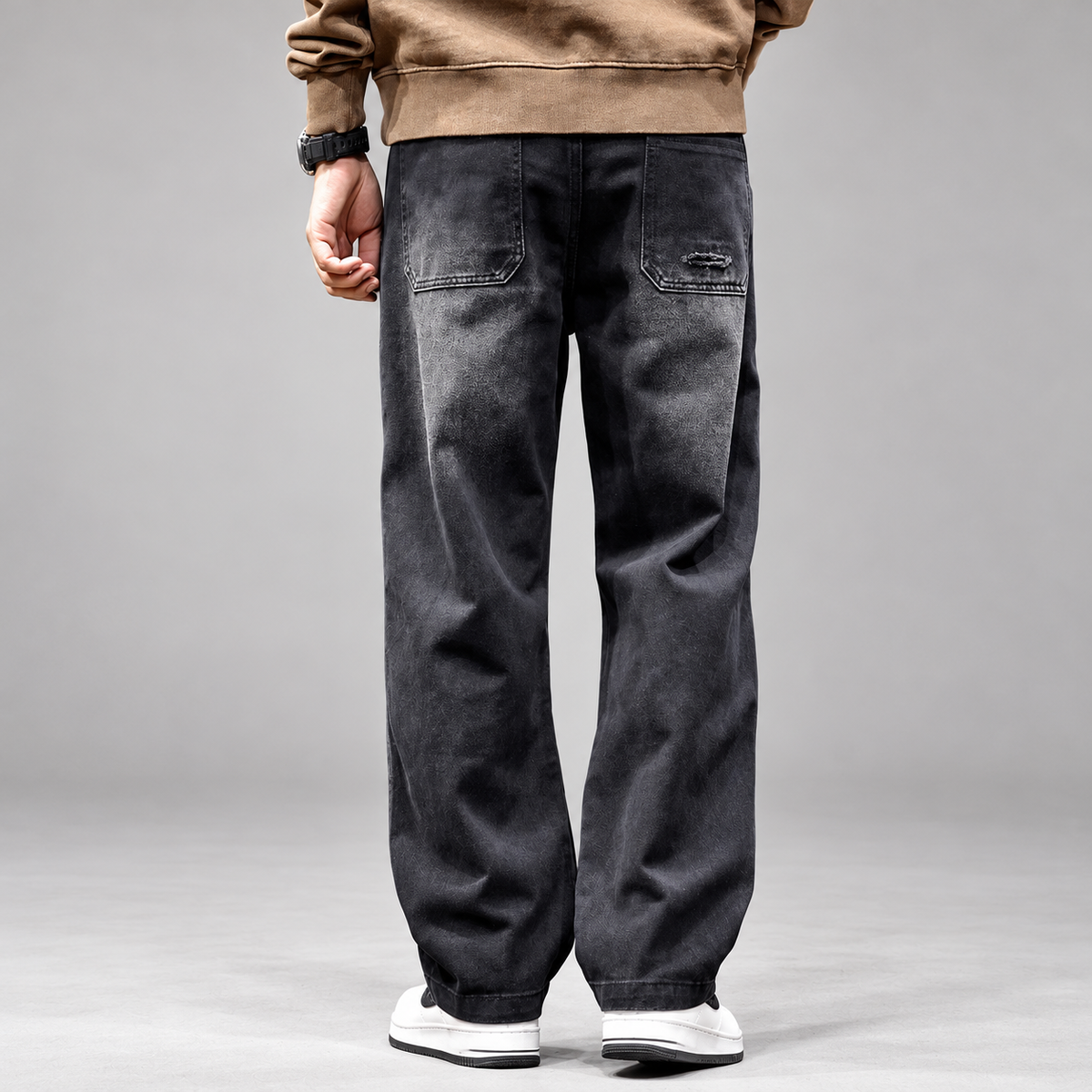 William Men's Washed Black Wide-Leg Drawstring Jeans