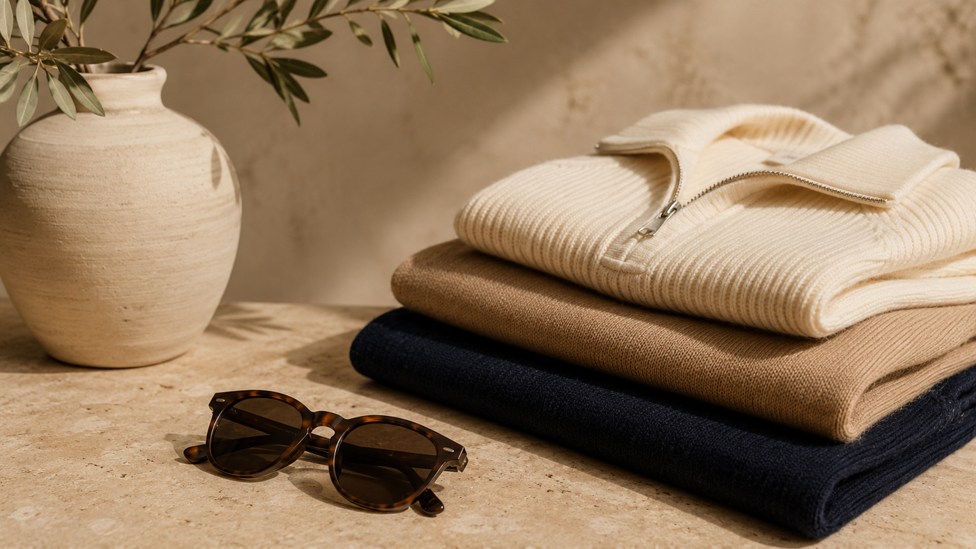 Folded clothing and sunglasses